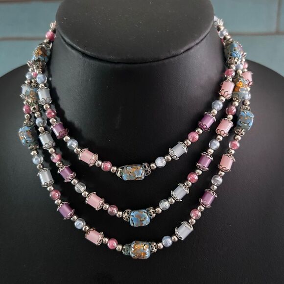 Vintage Jewelry - Vtg Triple Strand Necklace 16" & 1.5" Clip-on Earrings Set Multicolor Glass Bead
